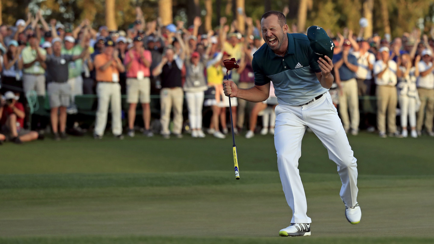 Sergio Garcia of Spain reacts after he made his putt on No. 18, the first playoff hole, to win the Matsres during the final round of the Masters at Augusta National Golf Club, Sunday, April 9, 2017.